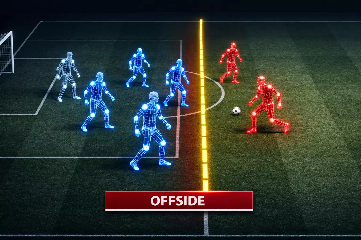 3D visualisering af offside-situation med spillerpositioner markeret
