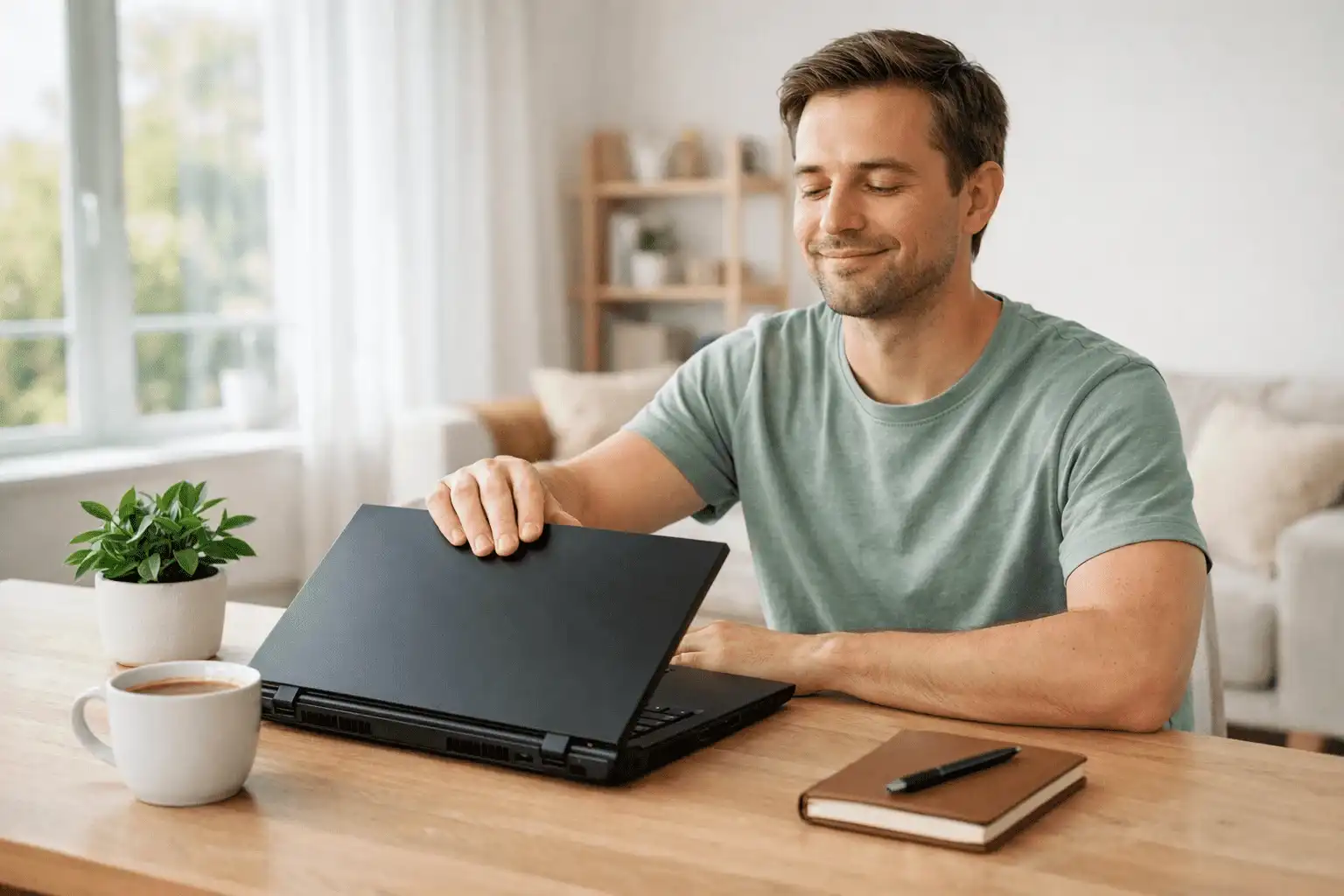 Person lukker roligt laptop i lyst skandinavisk rum symboliserer sunde spillevaner og balance