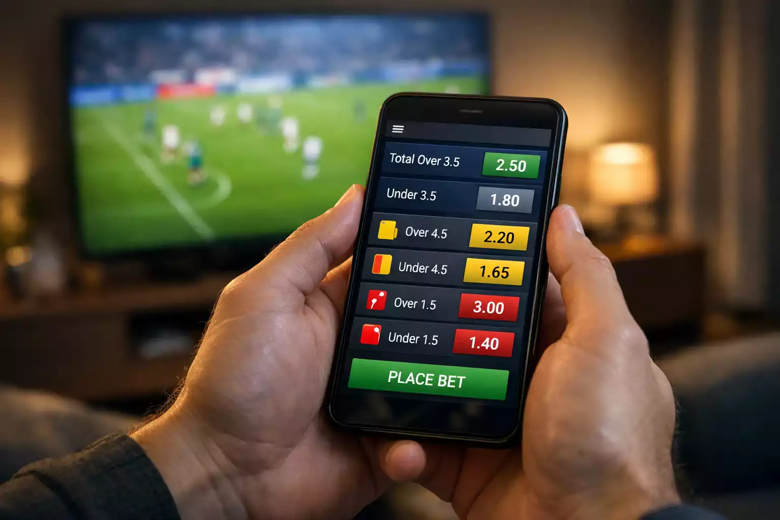 Hænder holder smartphone med betting-interface der viser kort-odds mens fodboldkamp kører på TV