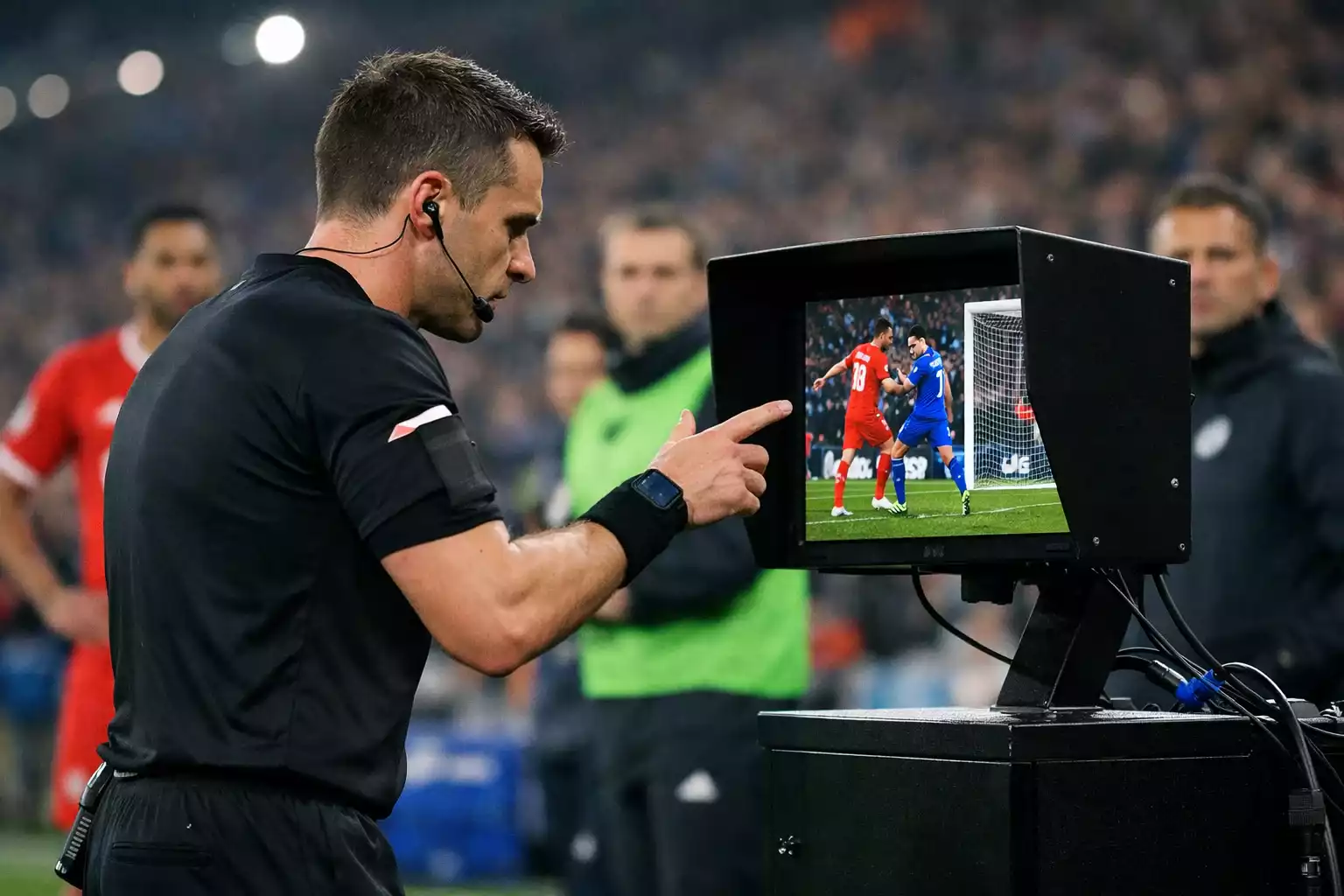 Hoveddommer ser VAR-gennemgang på skærm ved sidelinjen under fodboldkamp