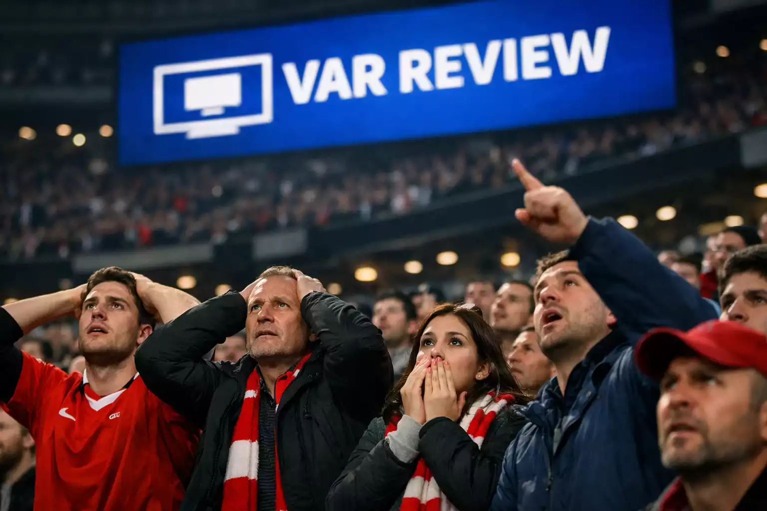 Fodboldfans på stadion venter spændt på VAR-afgørelse med blikket rettet mod storskærm