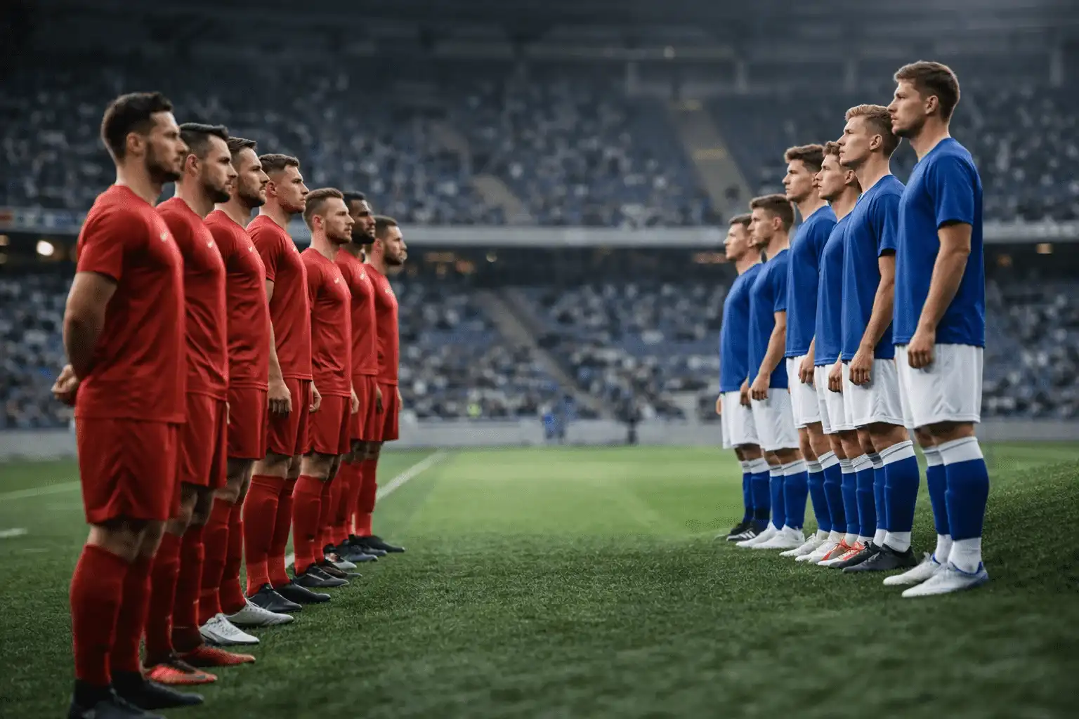 To fodboldhold stillet op før kamp symboliserer handicap-balancering mellem favorit og underdog
