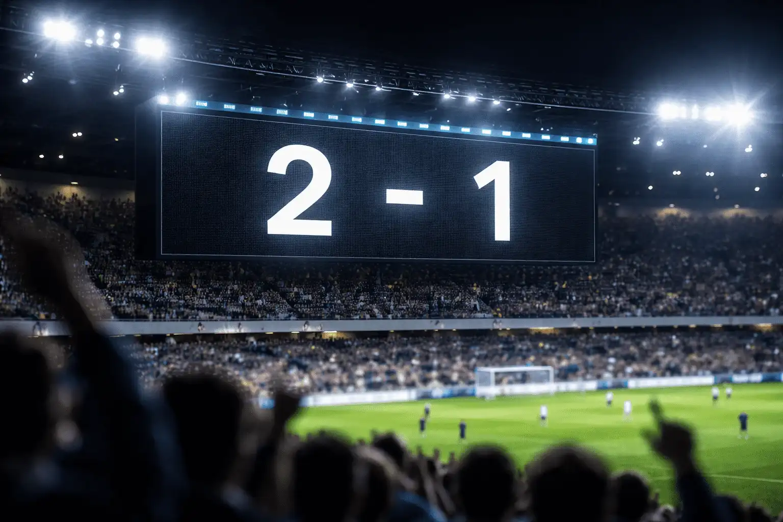 Moderne LED-scoreboard på fodboldarena viser kampresultat 2-1 med sløret publikum i forgrunden