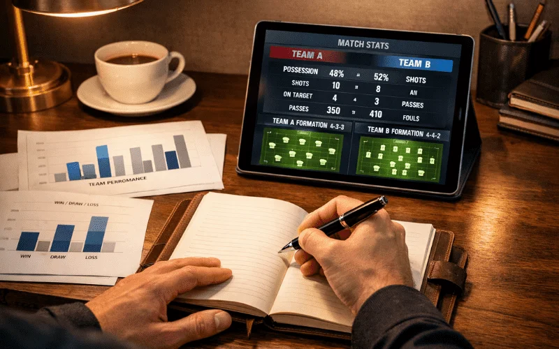 Hænder skriver noter i notesbog med tablet der viser fodboldstatistik og holdformationer