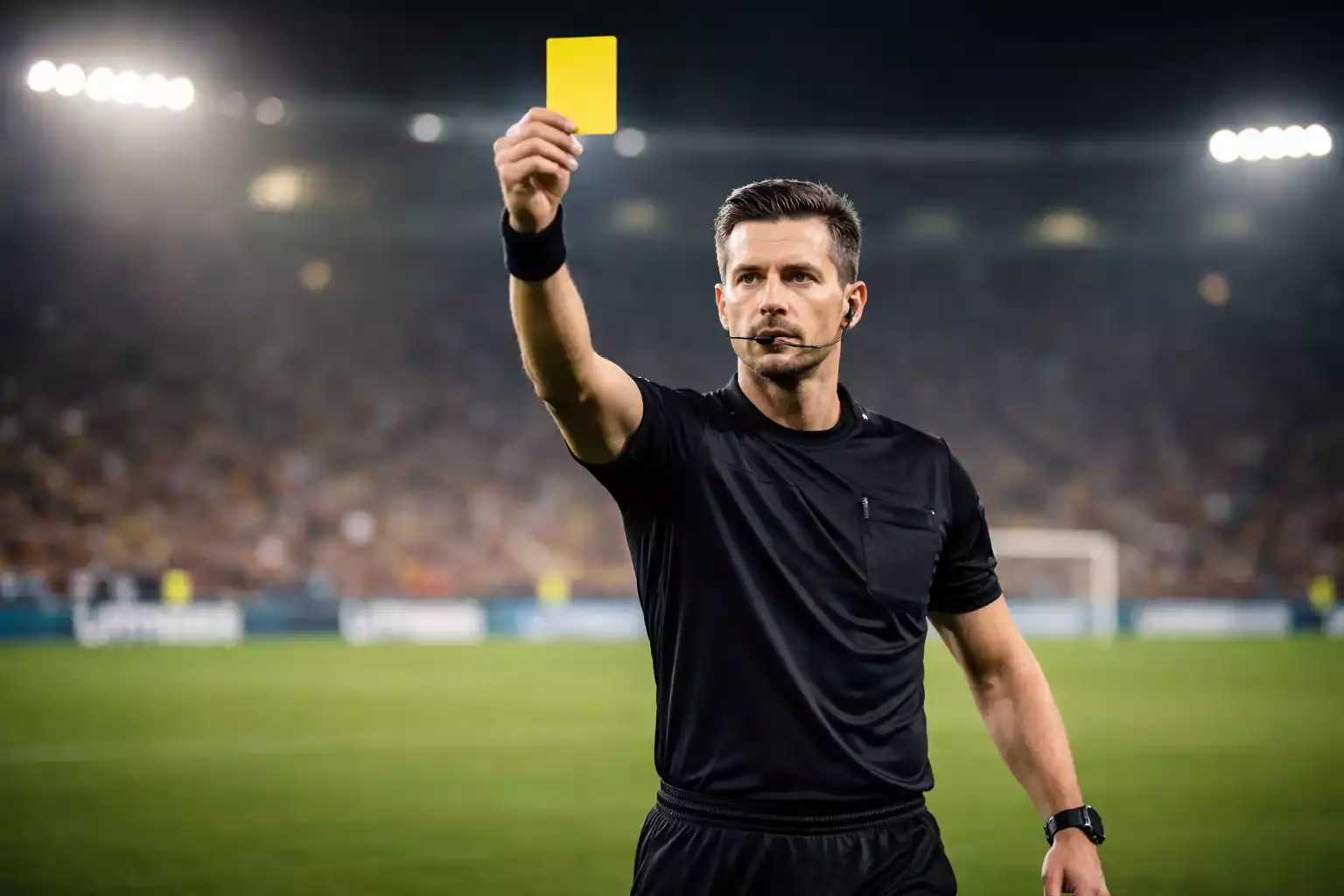Fodbolddommer viser et gult kort under en kamp på et oplyst stadion