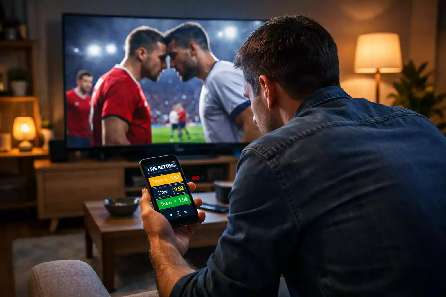 Fokuseret person på sofa ser intens fodboldkamp på TV mens smartphone viser live betting-odds