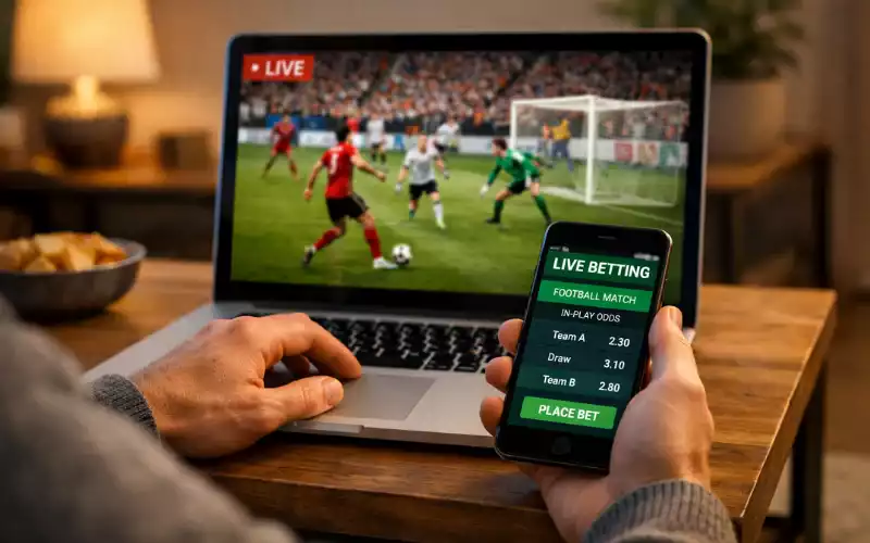 Person ser fodboldkamp på laptop mens han laver live betting på sin telefon