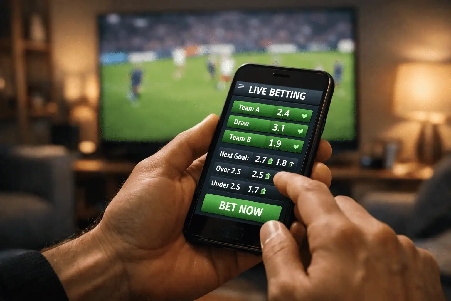 Hænder holder smartphone med live betting app mens fodboldkamp spiller på TV i baggrunden