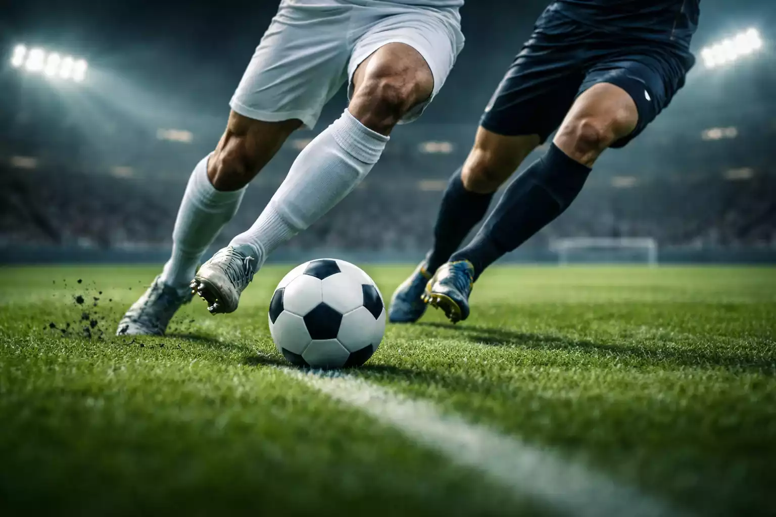 Dynamisk sportsfoto af fodboldspilleres ben under en offside-situation