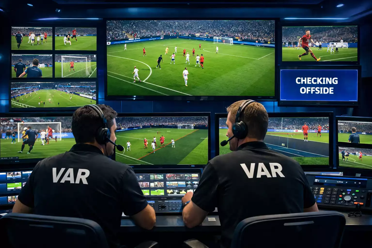 VAR-dommere gennemgår en mulig offside-situation på flere skærme under en fodboldkamp