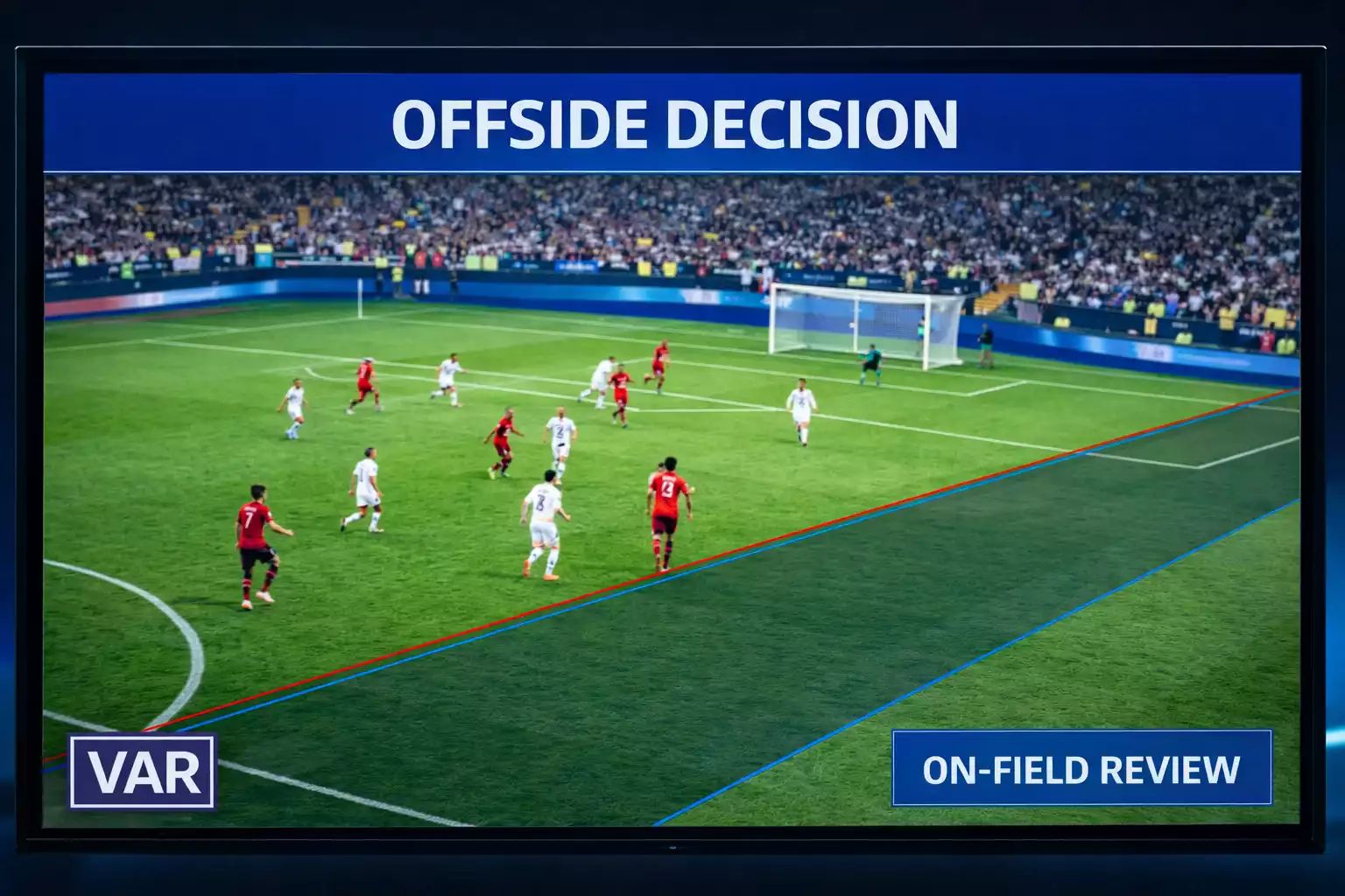 VAR skærm der viser offside-linjer tegnet på en fodboldspilsituation