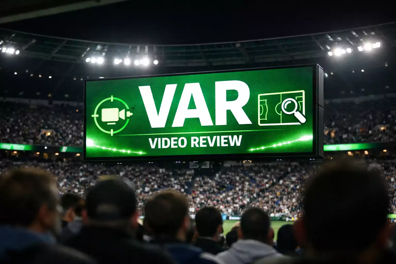 VAR-gennemgangsskærm på fodboldstadion med tilskuere